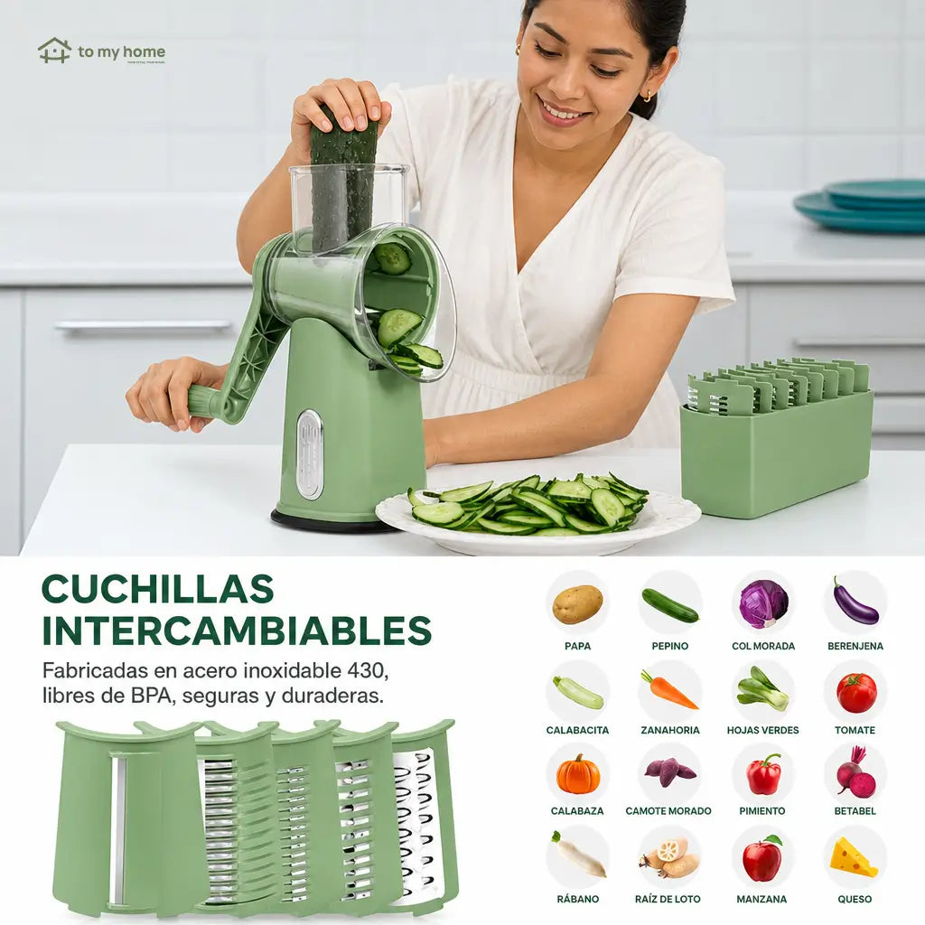 Rallador rotativo de queso con 5 cuchillas intercambiables y base de succión para verduras, frutas y cocina diaria segura en casa
