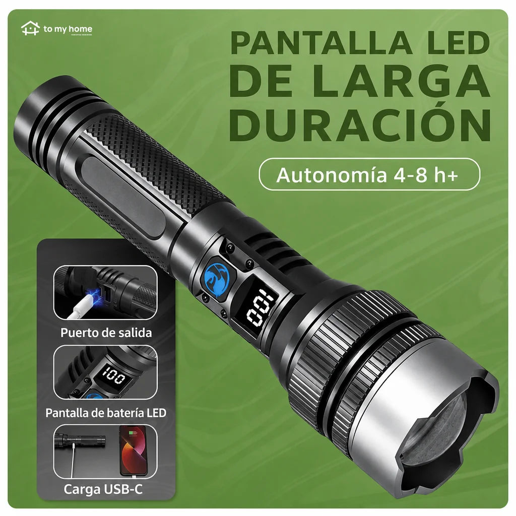 Linterna LED recargable de 2200 lúmenes con power bank, zoom ajustable, pantalla digital y resistencia al agua para camping y emergencias
