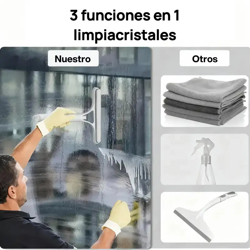 Raspador de ventanas 3 en 1, multifuncional con jalador, esponja y spray integrado para limpieza eficiente de hogar y parabrisas de auto
