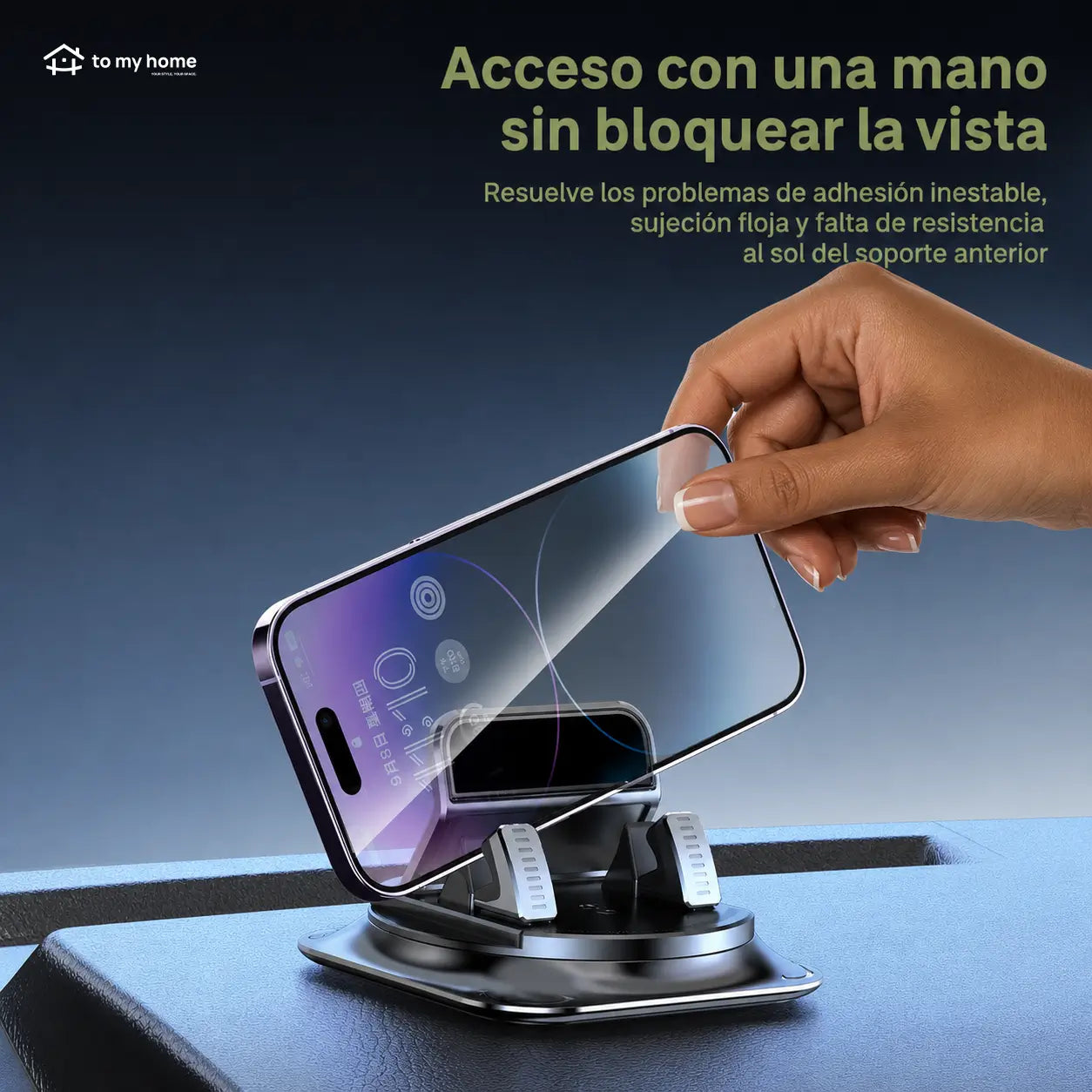Soporte para celular de auto con rotación 360° y ventosa estable para navegación en tablero, compatible con iPhone y Android segura