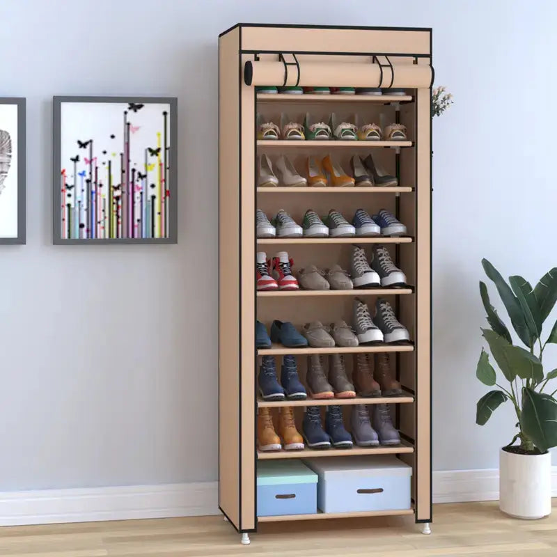 Zapatera organizadora de 10 niveles con 9 compartimentos y funda antipolvo para almacenamiento de calzado doméstico en espacios del hogar