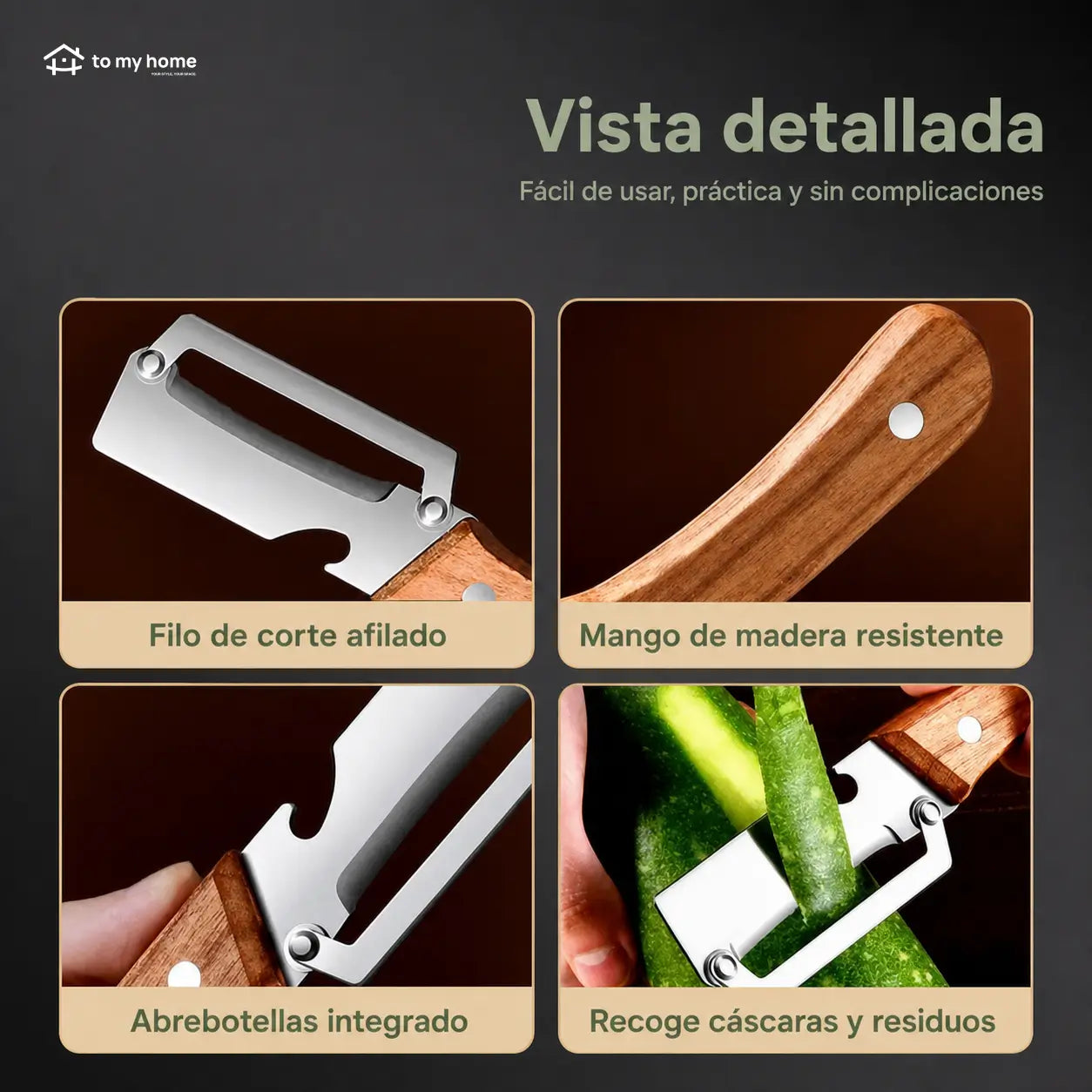 Pelador de Verduras Multifuncional Acero Inoxidable Mango de Madera y Abrebotellas Integrado Ideal para Frutas o Vegetales en Cocina de Casa (Paquete 2 Piezas)