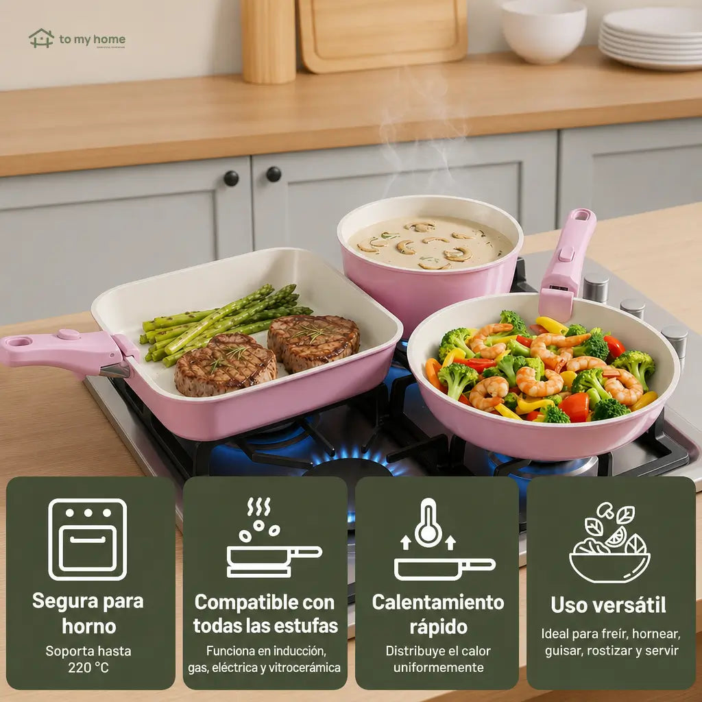 Set de ollas y sartenes cerámicos antiadherentes de 22 piezas con mango desmontable para cocina diaria y espacios pequeños en casa