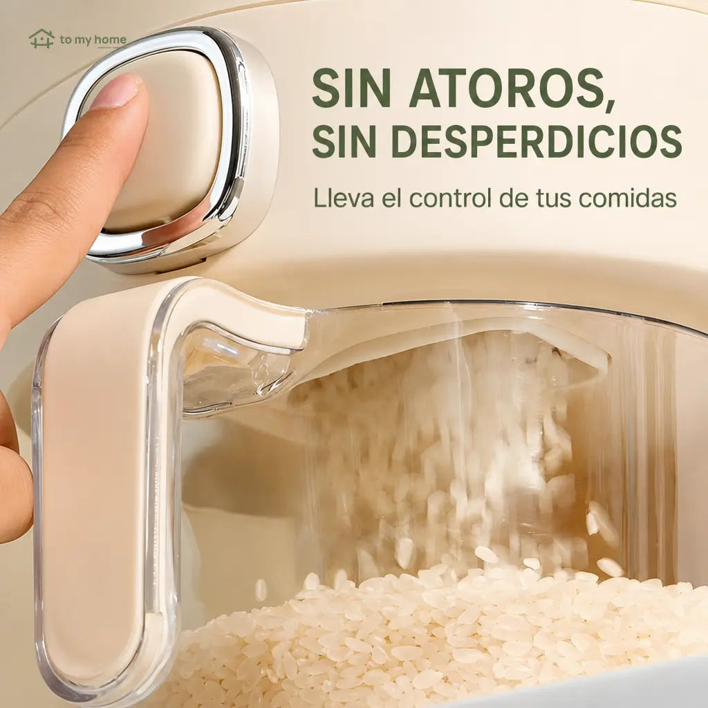 Dispensador hermético de arroz con taza medidora y protección contra insectos para cocina y despensa familiar ordenada de uso diario en casa