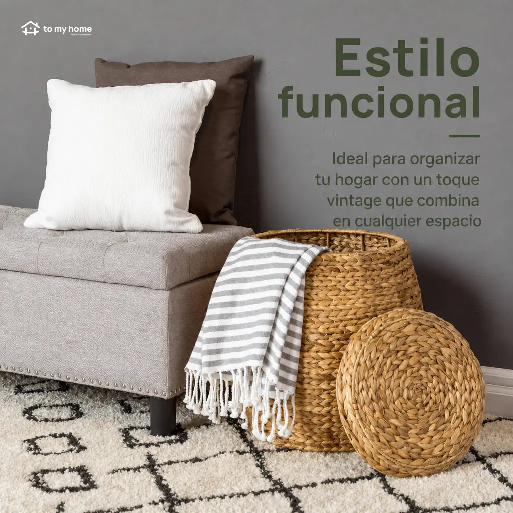 Cesto organizador multiusos de jacinto acuático con tapa y estructura reforzada para ordenar sala, recámara, entrada o cuarto infantil con estilo