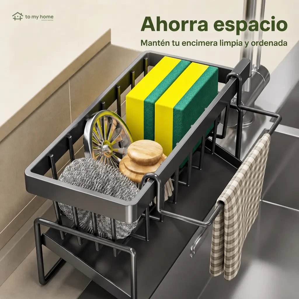 Organizador metálico para tarja con porta cepillo alto y divisores, ideal para esponjas, jabón y mantener la cocina ordenada sin ocupar espacio