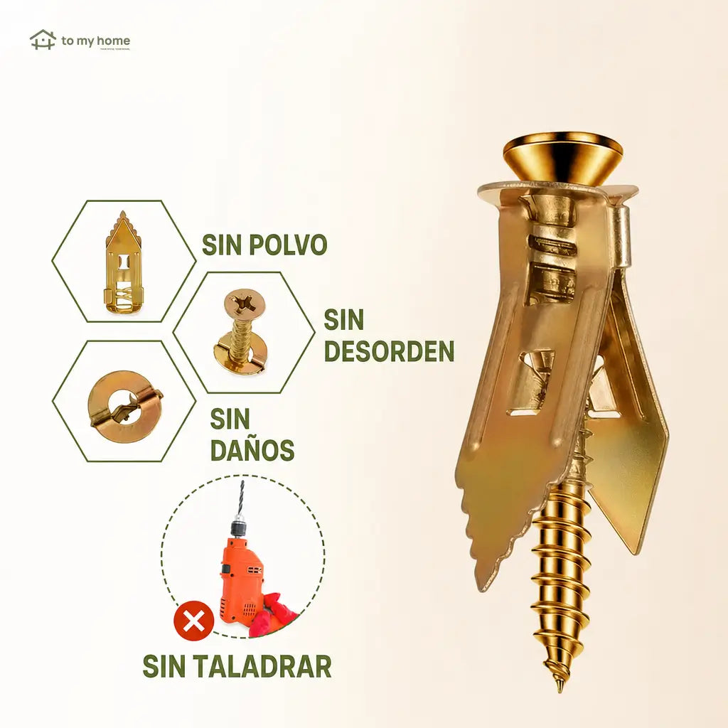 Anclajes metálicos con tornillos para tablaroca, instalación sin perforar para cuadros y estantes