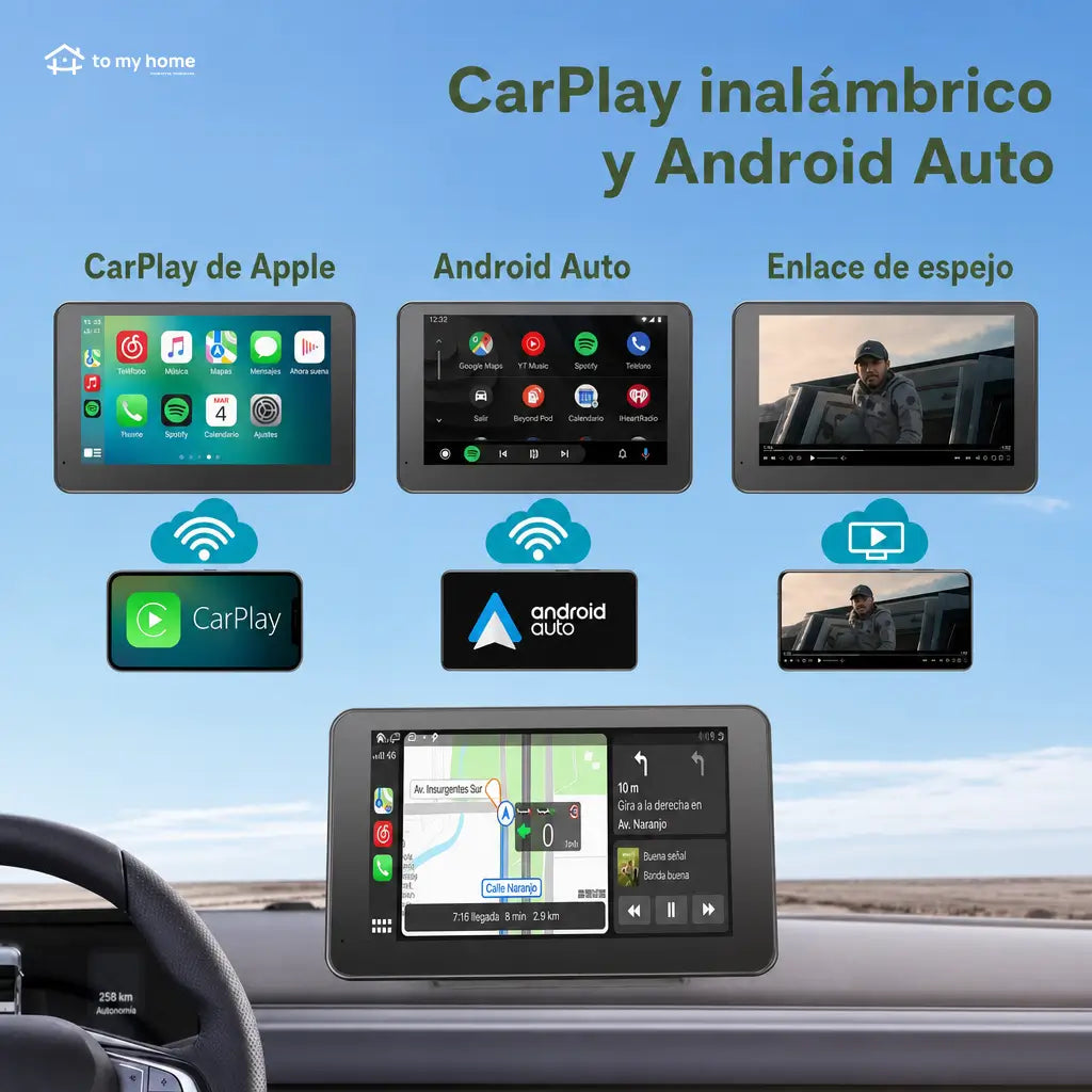 Pantalla CarPlay inalámbrica de 7 pulgadas con cámara nocturna para auto, compatible con Android y iPhone y audio Bluetooth, AUX o FM en carretera