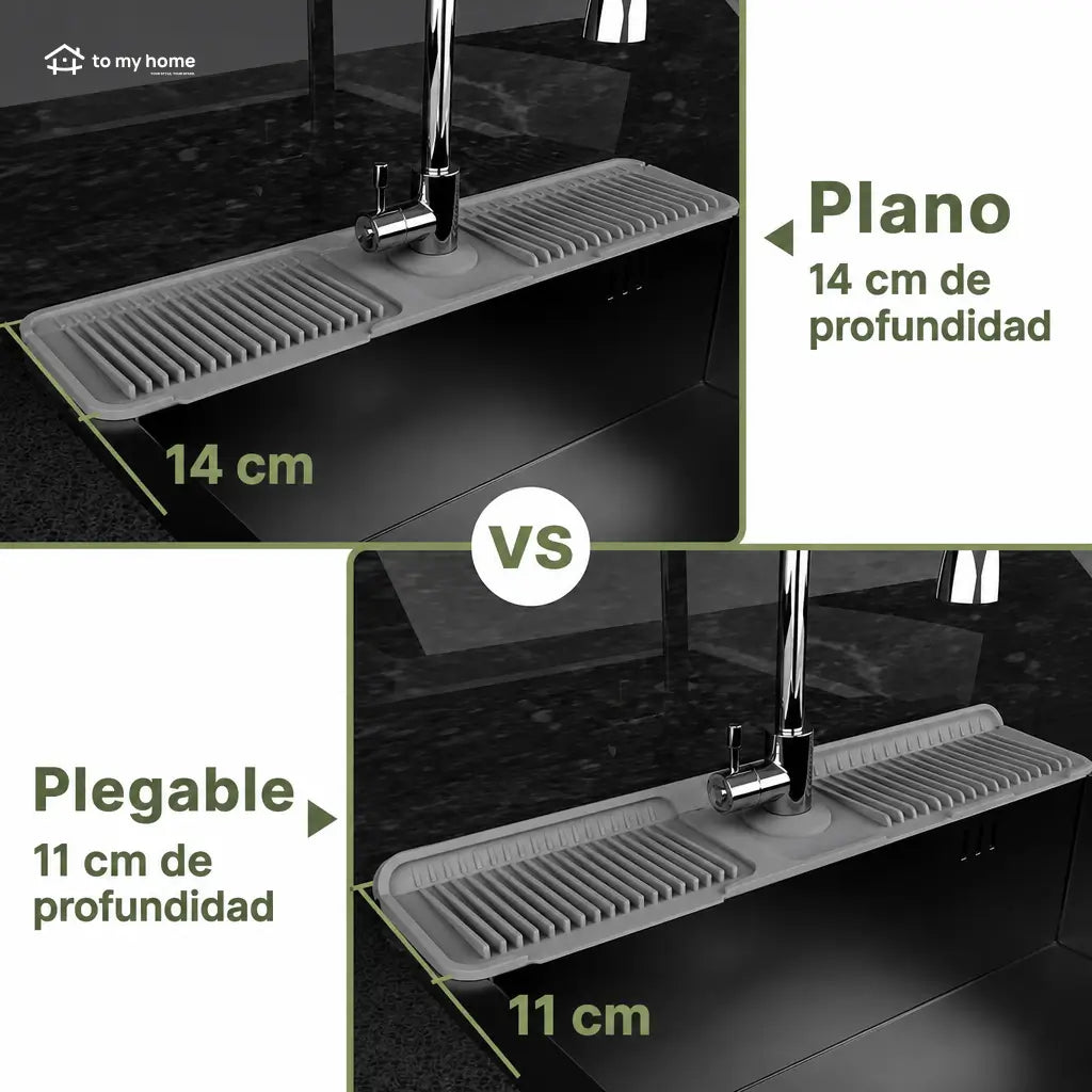 Tapete de silicón para grifo con drenado automático y seguro de botón para mantener seca tu tarja de cocina sin salpicaduras