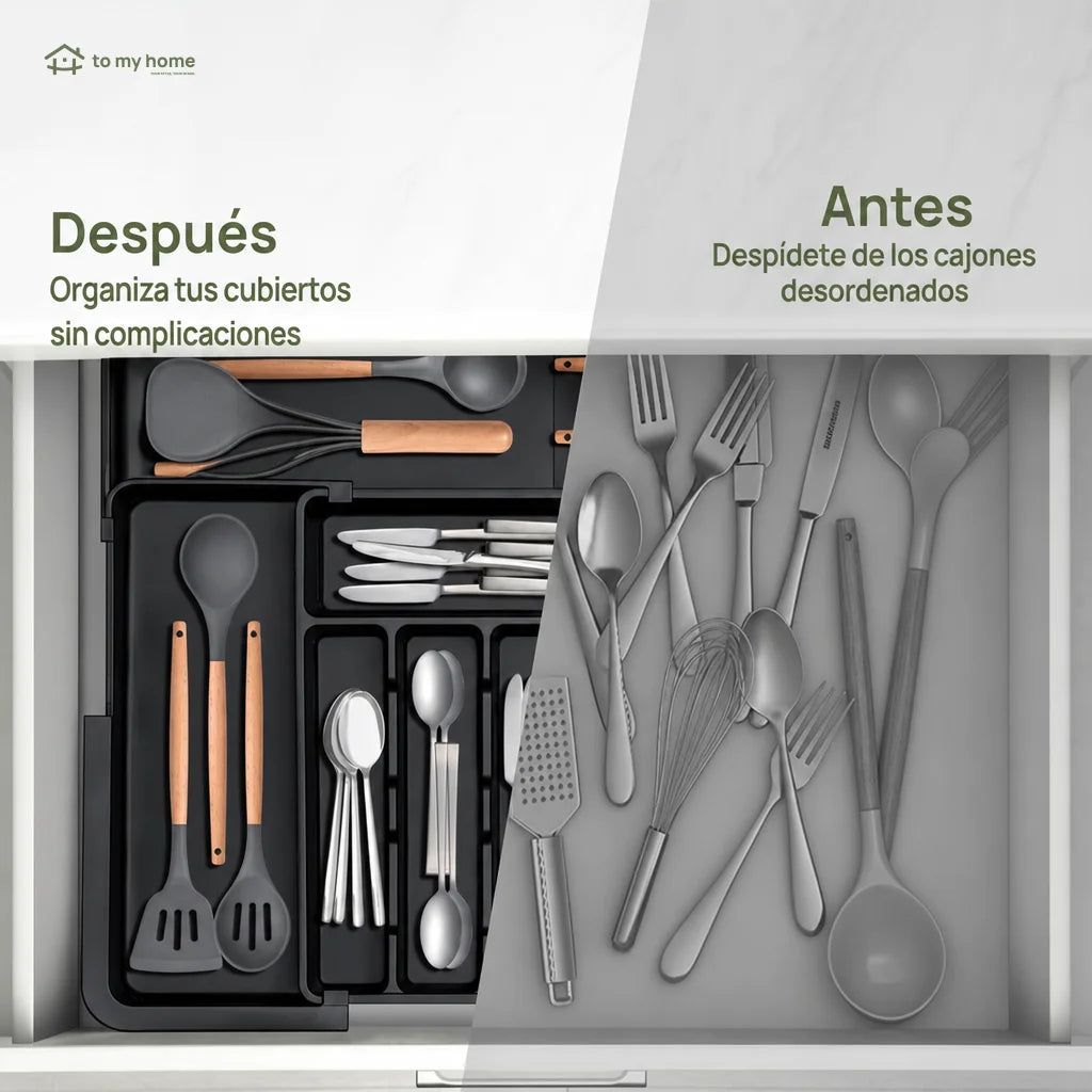 Organizador de cubiertos expandible con 9 compartimentos y base antideslizante para cajón