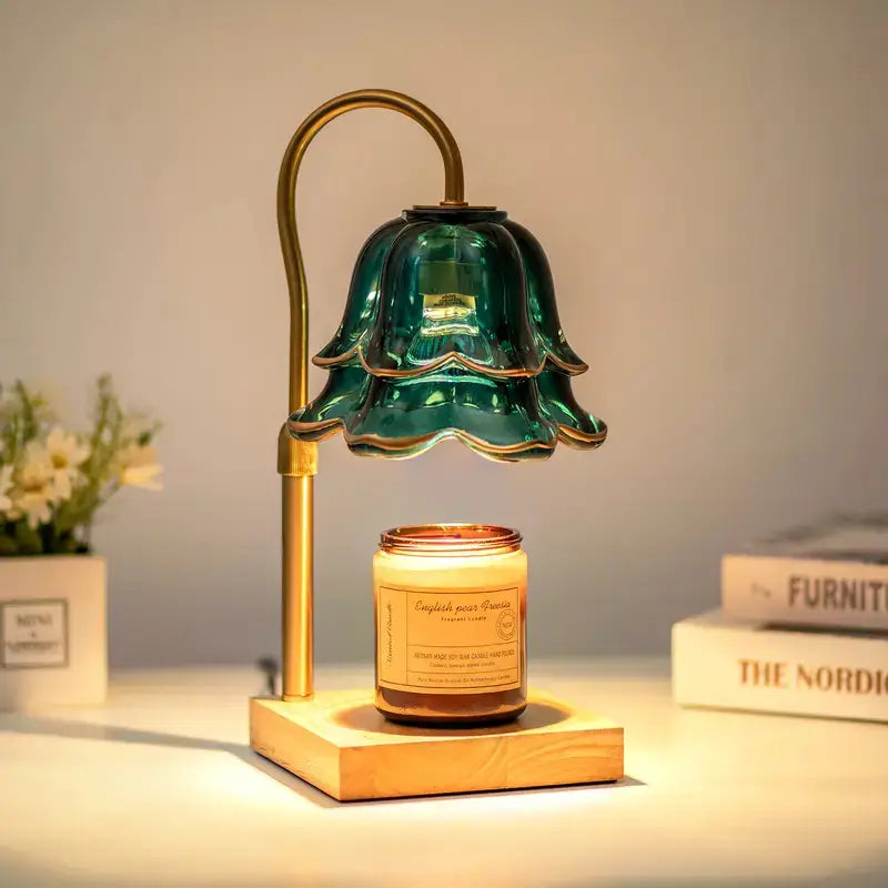 Lámpara calentadora de velas en forma de flor con dos focos, altura ajustable, temporizador y vidrio decorativo para ambiente romántico y cálido