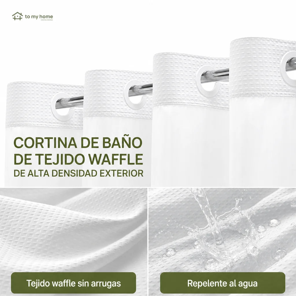 Cortina de baño doble capa impermeable con forro ajustable a presión, diseño waffle moderno para renovar tu regadera sin complicarte la instalación diaria