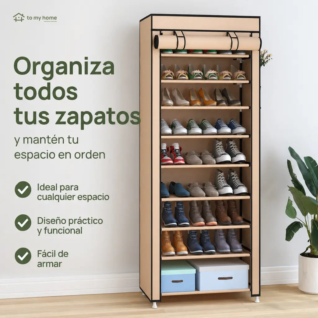 Zapatera vertical de 10 niveles con cubierta antipolvo, ajustable y compacta para organizar hasta 27 pares en casa sin ocupar mucho espacio