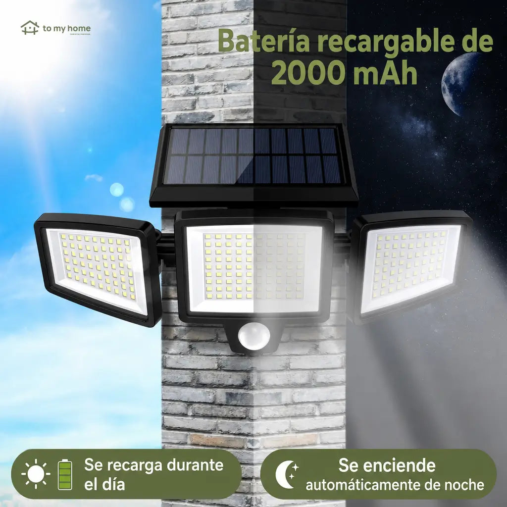 Lámpara solar exterior amplia de seguridad 2500LM con 3 cabezales, sensor de movimiento y control remoto para patio, cochera y jardín