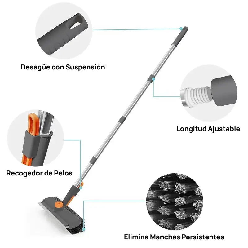 Cepillo de limpieza 3 en 1 para pisos con mango largo y cerdas rígidas, ideal para baño, ducha, garage y terrazas con resistencia total