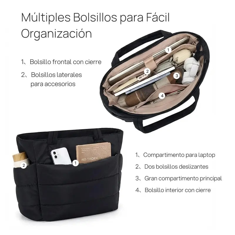 Bolsa tote Puffy acolchada femenina para laptop, trabajo y viaje, ligera, espaciosa y resistente, con varios compartimentos para organizar y llevar todo