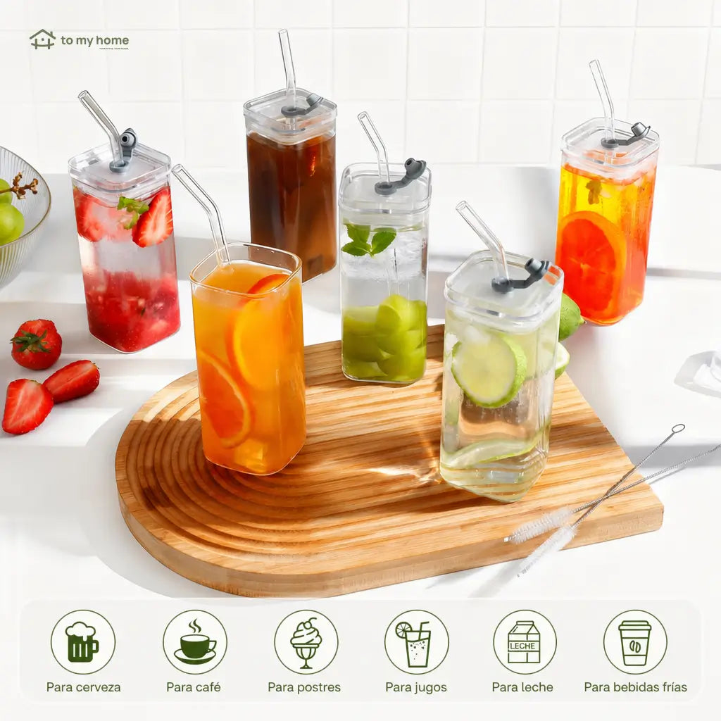 Set de 4 vasos de vidrio cuadrados con tapa y popote, 350 ml, para café frío, jugos y cocteles en casa u oficina