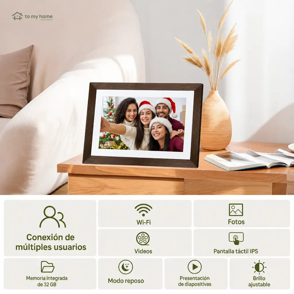 Marco digital para fotos de 10.1" con diseño decorativo de madera, memoria 32GB e instalación sencilla para casa u oficina moderna