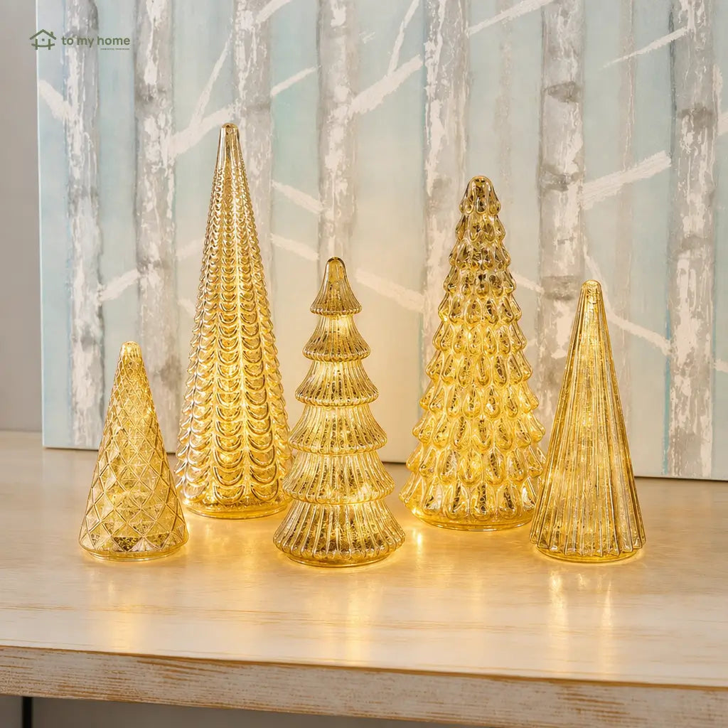 Set de 5 árboles decorativos iluminados de vidrio mercurizado con temporizador para centro de mesa navideño y repisas en tu hogar