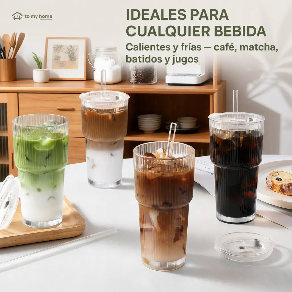 Set de 4 vasos de vidrio acanalado con tapa y popote reutilizable para café frío, smoothies y bebidas diarias sin derrames