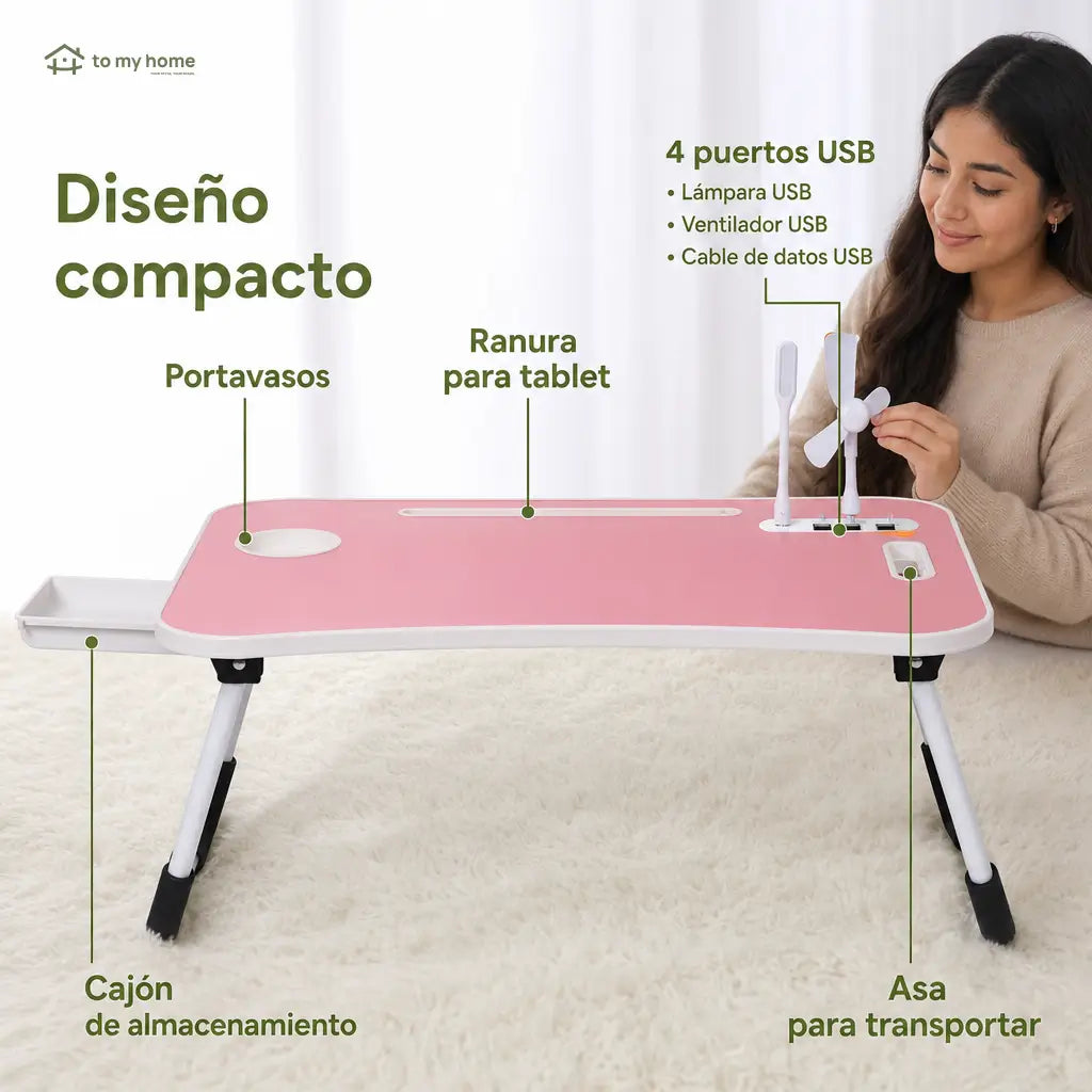 Mesa plegable para laptop con 4 puertos USB, cajón y portavasos para trabajar, leer o estudiar cómodo en cama o sofá