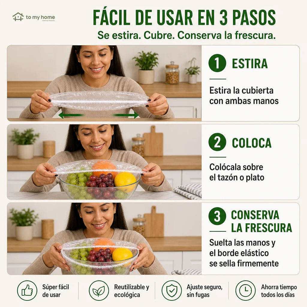 Cubiertas elásticas reutilizables para bowls, platos y recipientes, sin plástico adherente