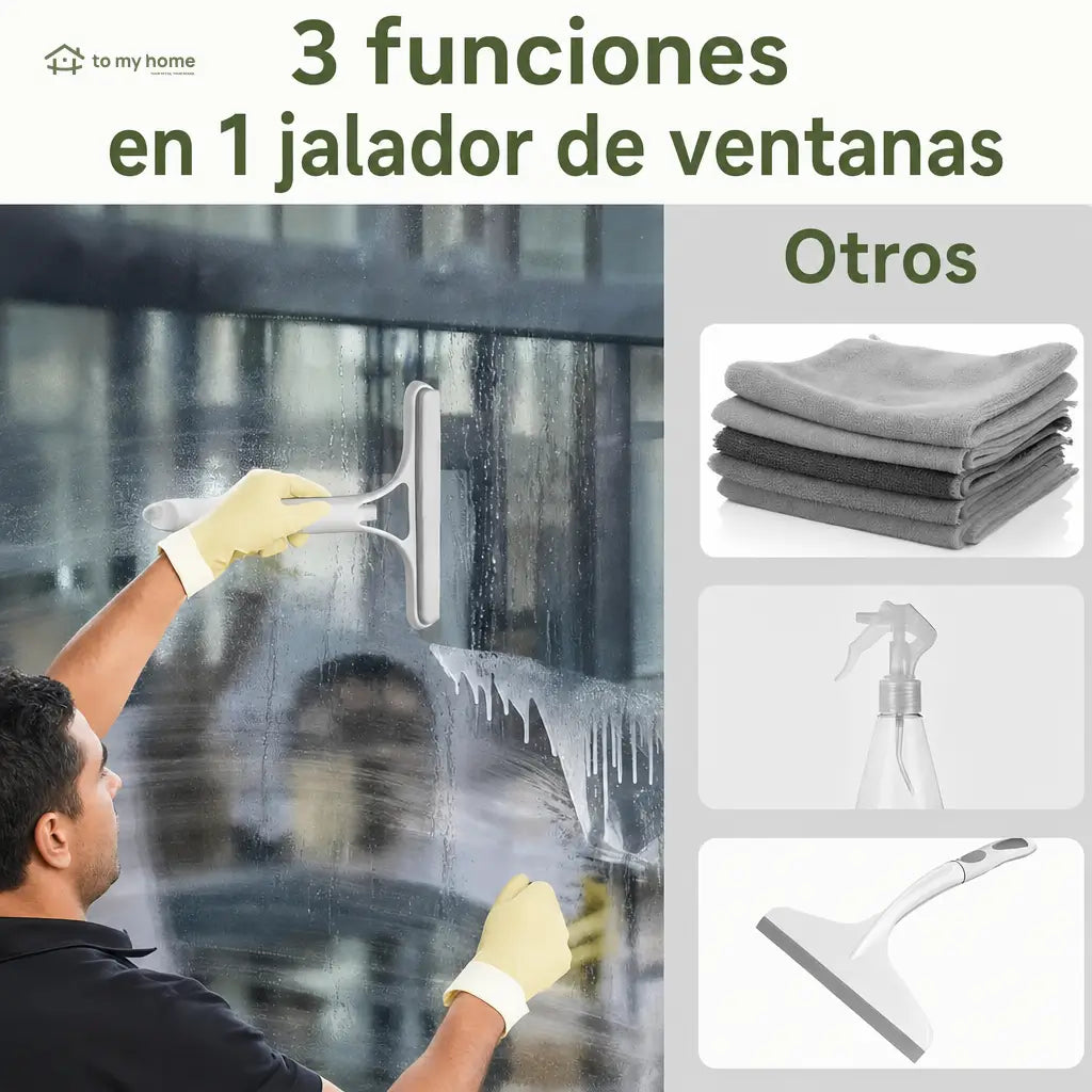 Limpiador de ventanas 3 en 1 con rociador, jalador y microfibra para parabrisas, mesas y vidrios del hogar sin marcas