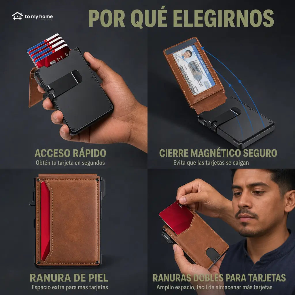 Cartera minimalista para hombre con bloqueo RFID, expulsión pop-up y clip para billetes, ideal para uso diario