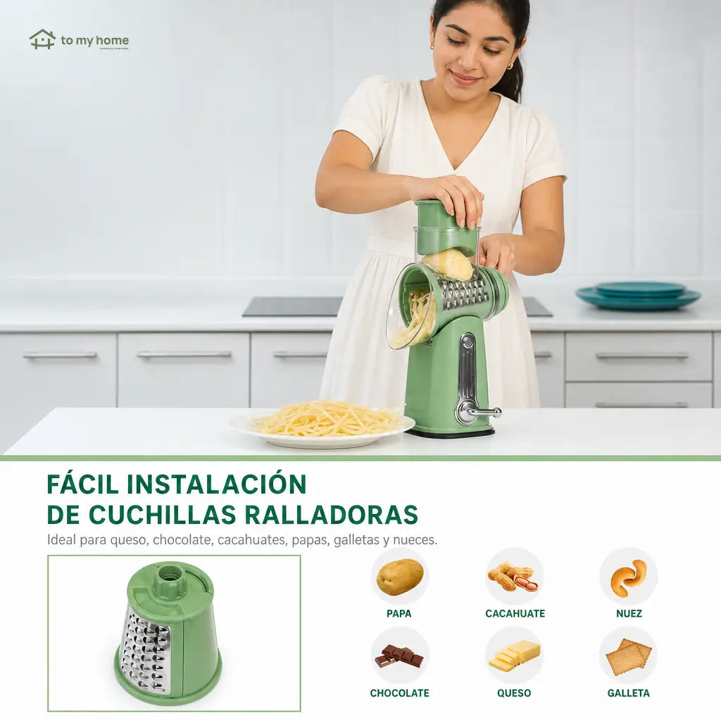 Rallador rotativo de queso con 5 cuchillas intercambiables y base de succión para verduras, frutas y cocina diaria segura en casa