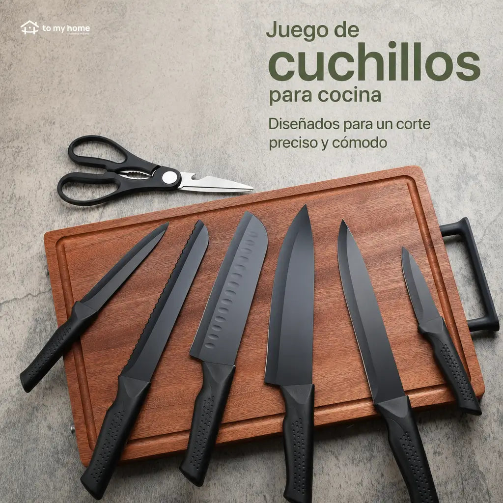 Set completo de cuchillos negros de 8 piezas resistentes al óxido con tijeras y bloque para cocina diaria en tu hogar con cortes precisos