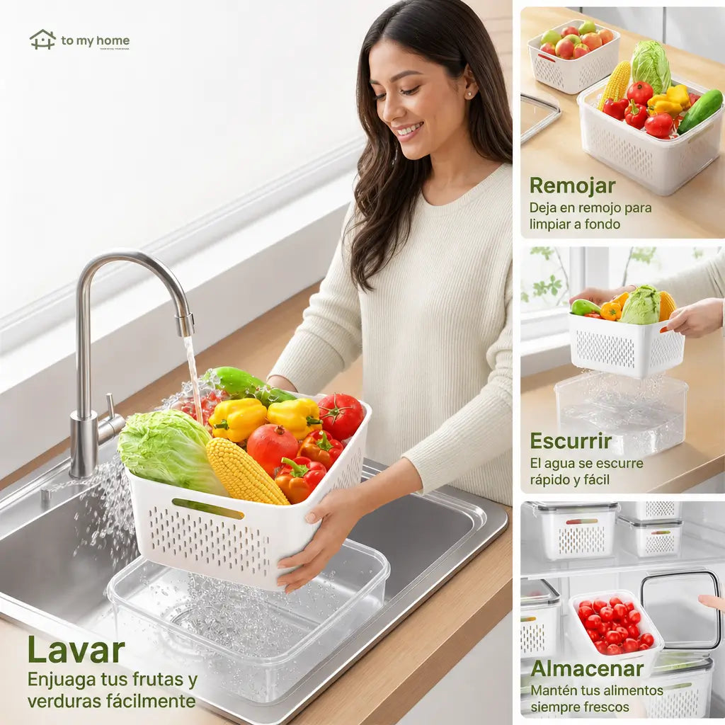 Set de 5 contenedores herméticos apilables con colador removible para frutas, verduras y comida fresca en refrigerador