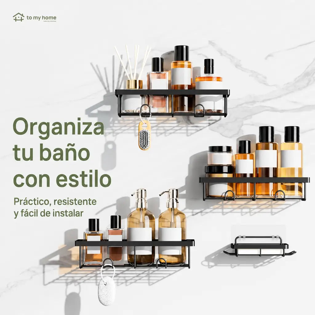 Organizador de regadera sin taladro set de 5 piezas, repisas negras antioxidantes con ganchos removibles para baño y cocina más ordenados