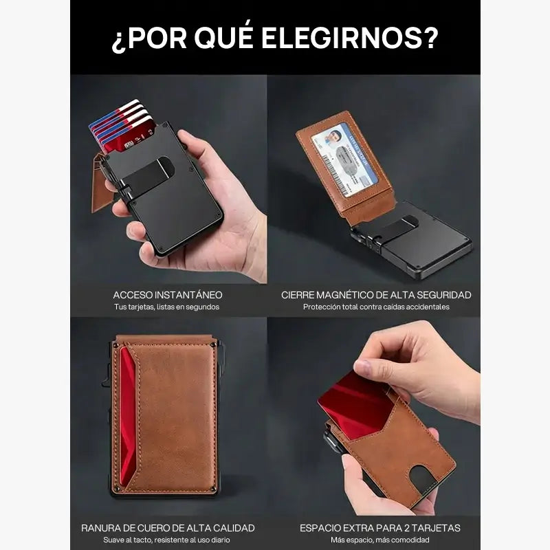Cartera masculina slim minimalista de aluminio con bloqueo RFID, visor, clip para billetes, sistema pop-up y diseño compacto, segura, elegante y práctica para uso diario