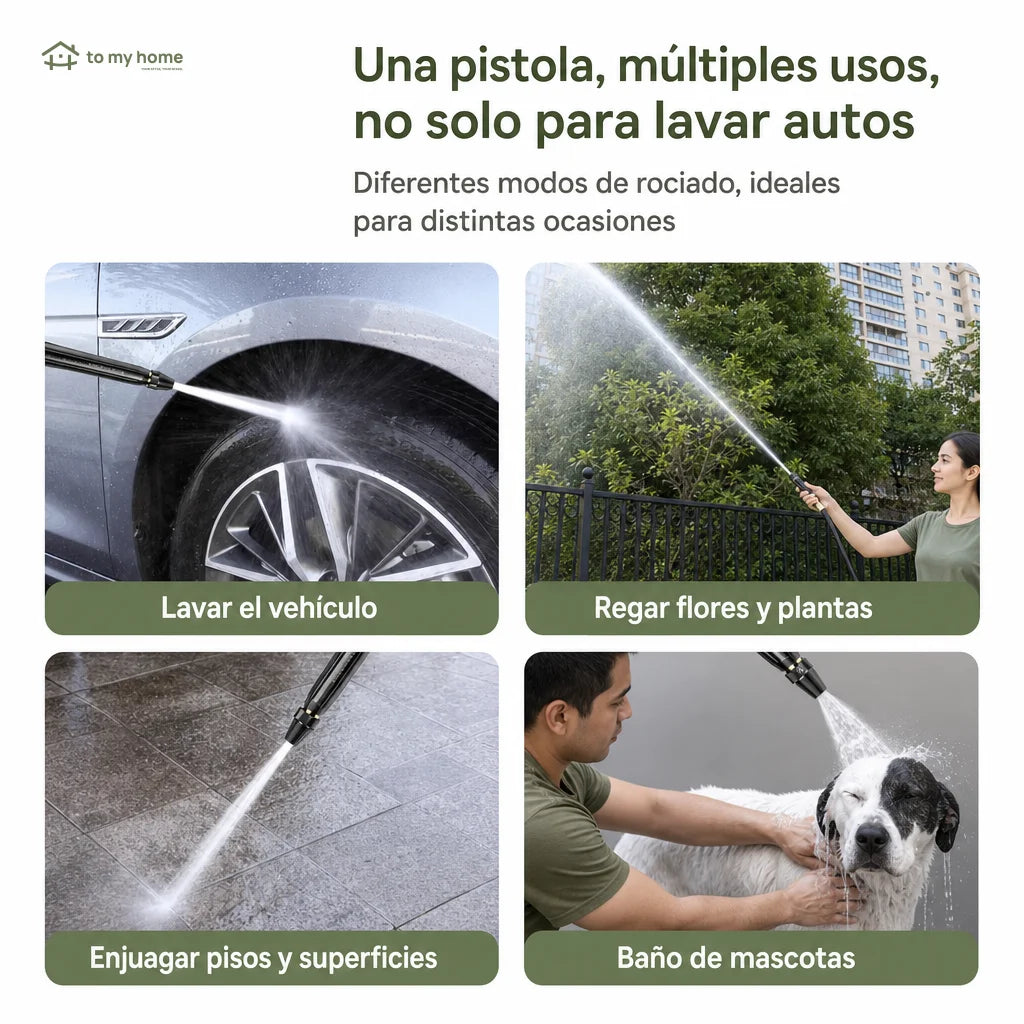 Pistola de agua a presión con boquilla reforzada y modos de rocío para lavar autos, regar plantas y limpiar patios en casa