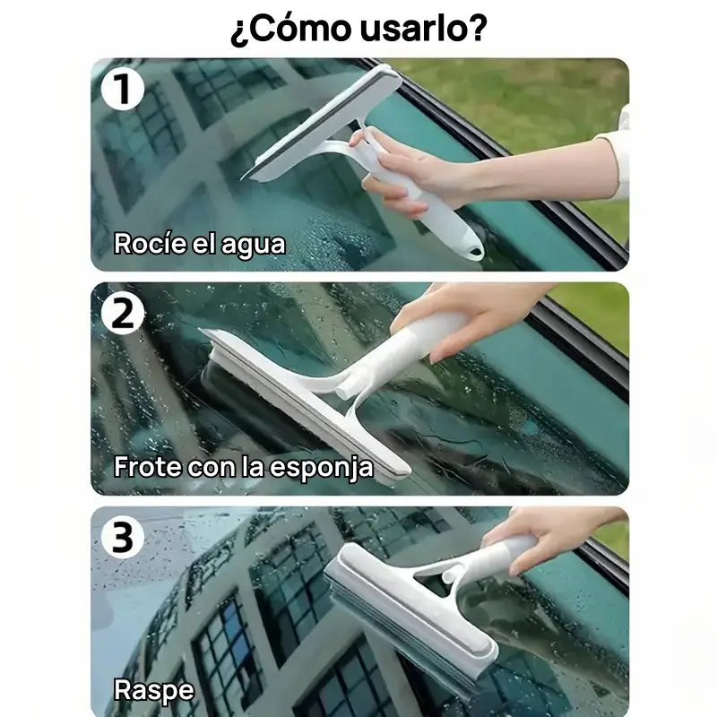 Raspador de ventanas 3 en 1, multifuncional con jalador, esponja y spray integrado para limpieza eficiente de hogar y parabrisas de auto