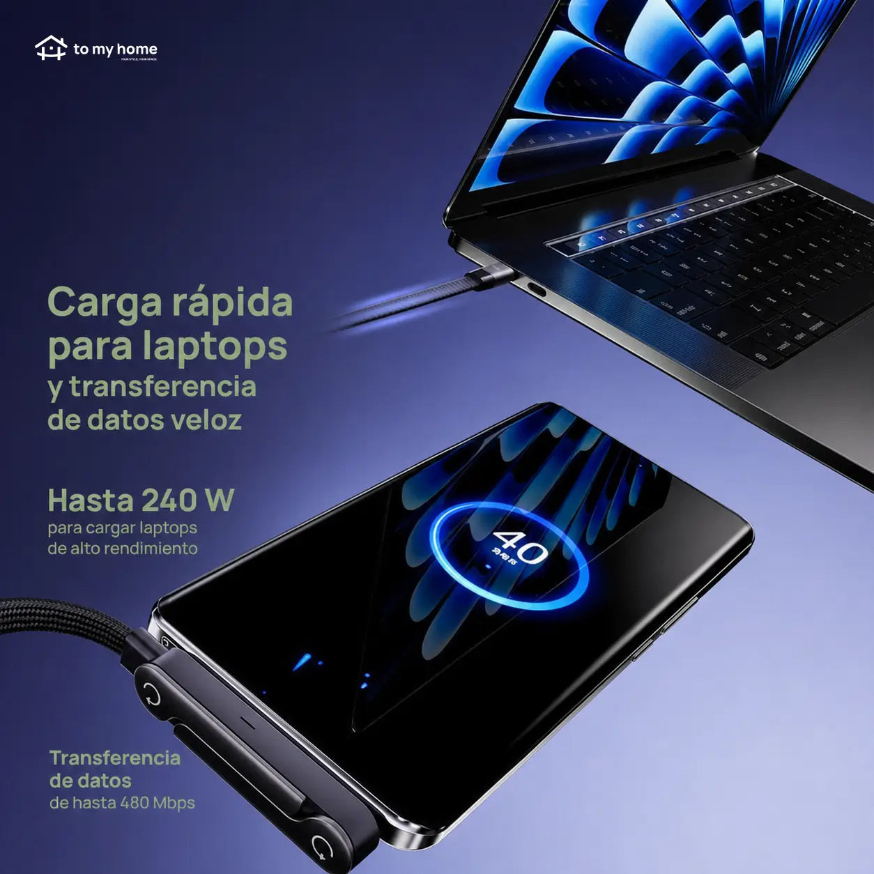 Cable USB-C 240W con soporte oculto, carga rápida y vista vertical u horizontal para celulares, tablets, laptops, gaming, oficina y viajes