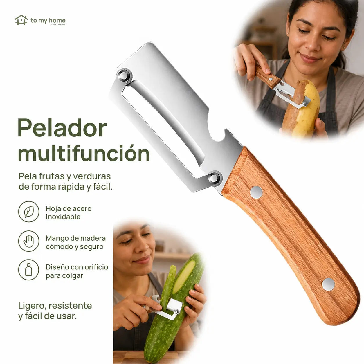 Pelador de Verduras Multifuncional Acero Inoxidable Mango de Madera y Abrebotellas Integrado Ideal para Frutas o Vegetales en Cocina de Casa (Paquete 2 Piezas)