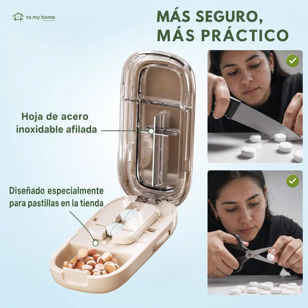 Cortador de pastillas ajustable con guía precisa, cuchilla de acero inoxidable y protector transparente para tabletas pequeñas en casa o de viaje