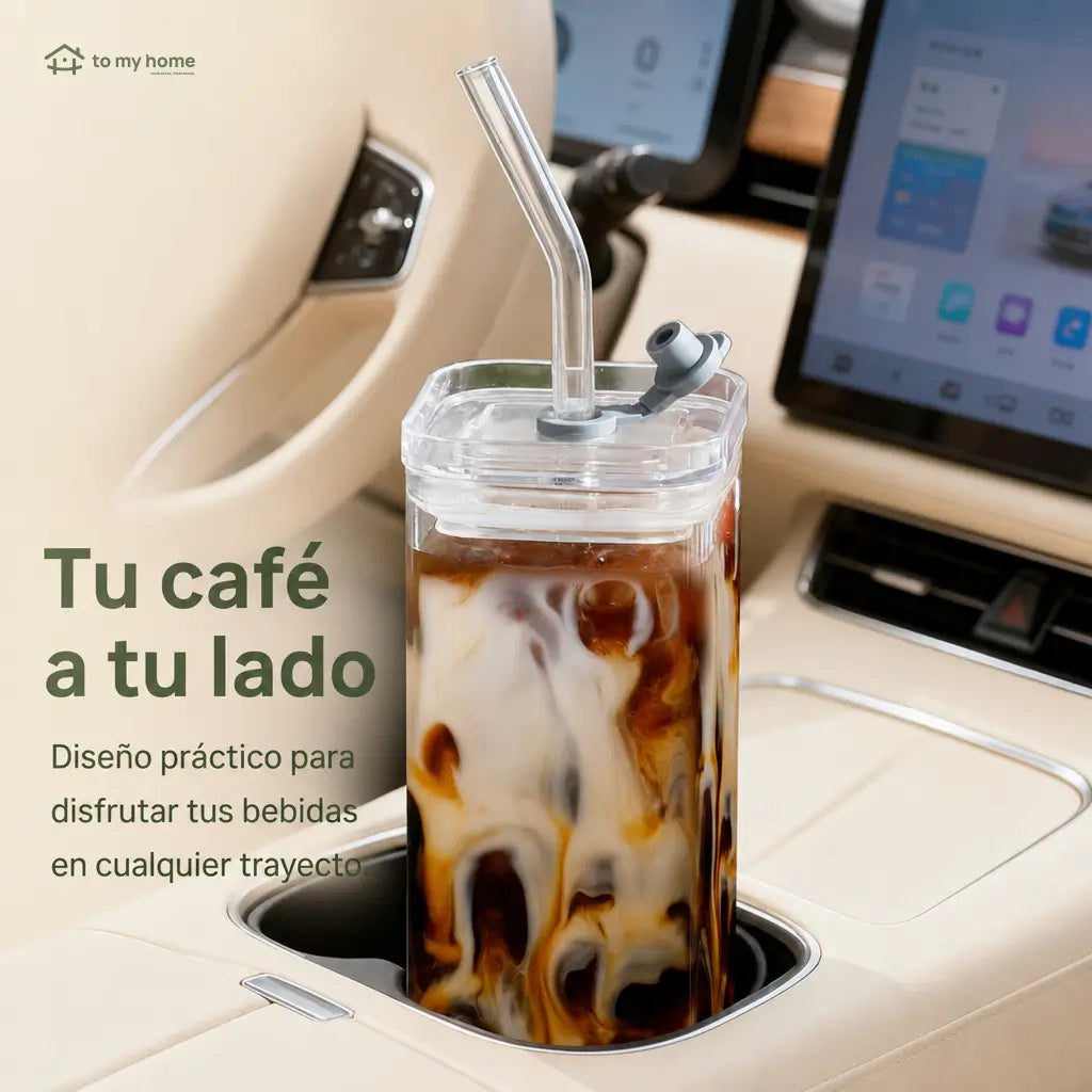 Set de 4 vasos de vidrio cuadrados con tapa y popote, 350 ml, para café frío, jugos y cocteles en casa u oficina