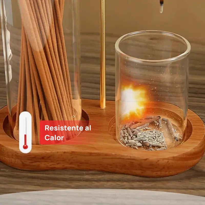 Porta incienso y vela 2 en 1 con base de madera, colector de cenizas en vidrio y difusor aromático decorativo, elegante y funcional para hogar