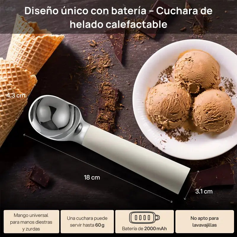 Cuchara eléctrica calentadora para helado, recargable en acero inoxidable, display LED, calentamiento rápido, uso seguro, perfecta para servir postres, helados y cremas
