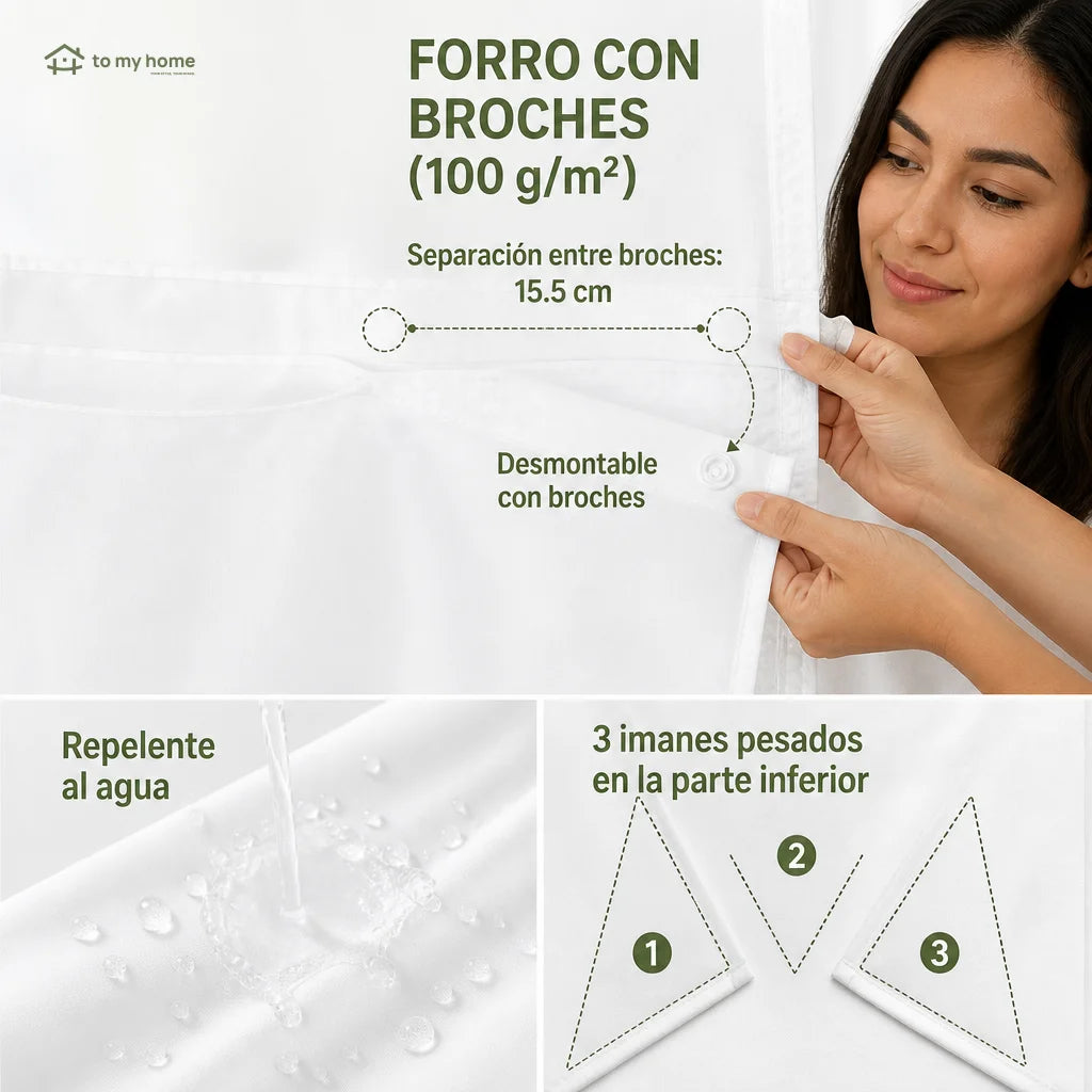 Cortina de baño doble capa impermeable con forro ajustable a presión, diseño waffle moderno para renovar tu regadera sin complicarte la instalación diaria
