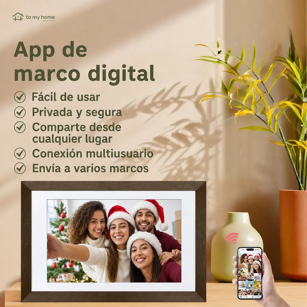 Marco digital para fotos de 10.1" con diseño decorativo de madera, memoria 32GB e instalación sencilla para casa u oficina moderna