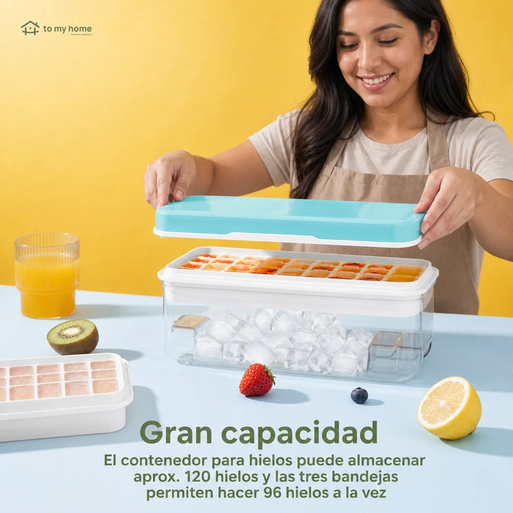 Set de charolas para hielo apilables con tapa y contenedor, fácil de liberar