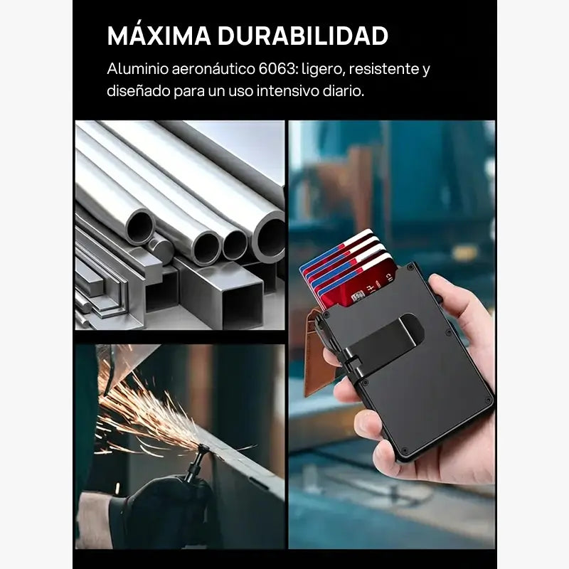 Cartera masculina slim minimalista de aluminio con bloqueo RFID, visor, clip para billetes, sistema pop-up y diseño compacto, segura, elegante y práctica para uso diario