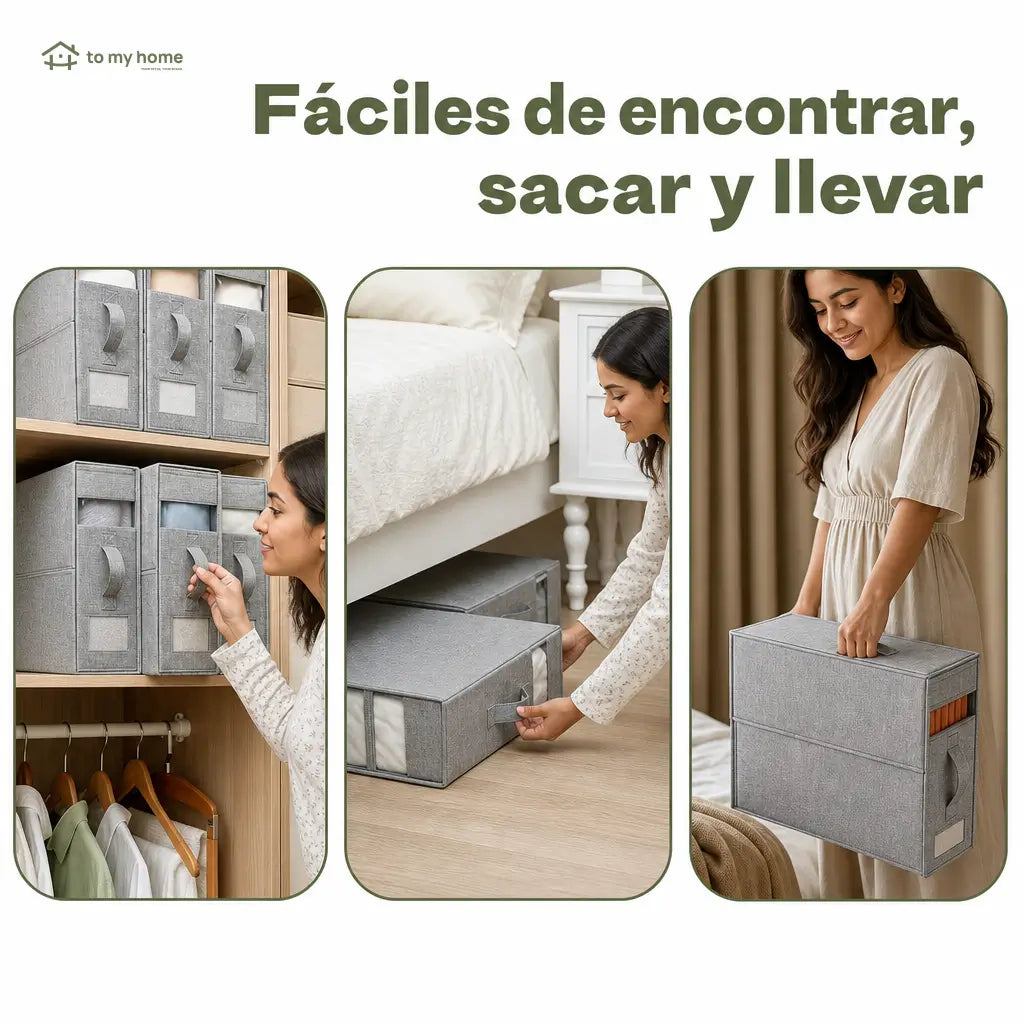 Set de 4 organizadores para sábanas con ventana transparente, cajas plegables para clóset de blancos king y queen con asa reforzada