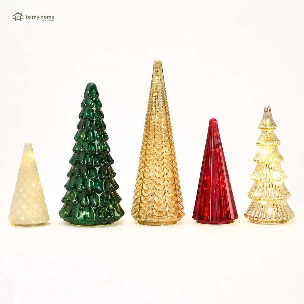 Set de 5 árboles decorativos iluminados de vidrio mercurizado con temporizador para centro de mesa navideño y repisas en tu hogar