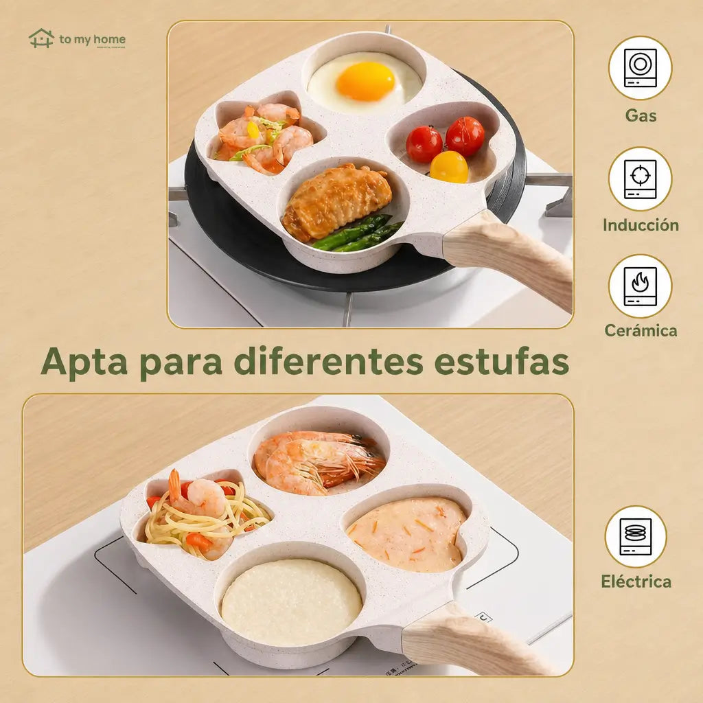 Sartén antiadherente de 4 cavidades con figuras para huevos, hot cakes y desayunos rápidos en casas, depas y cafeterías compactas