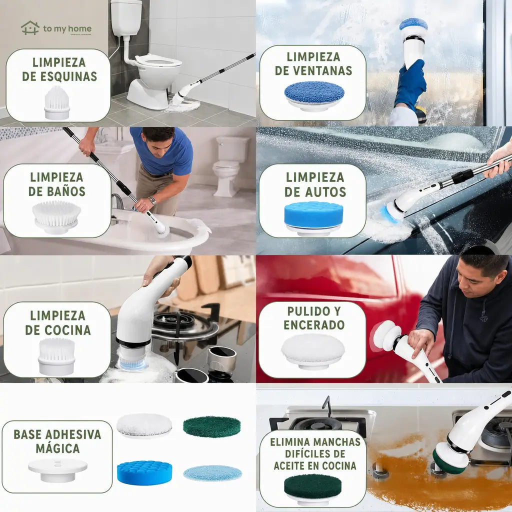 Cepillo eléctrico giratorio inalámbrico IPX7 con mango extensible y 8 cabezales para limpieza profunda sin agacharte en baño cocina pisos y ventanas