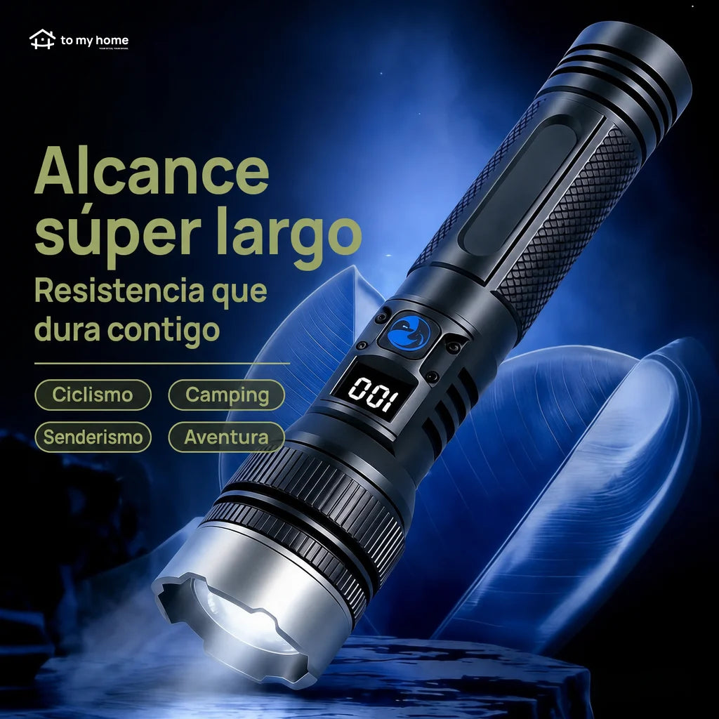 Linterna LED recargable de 2200 lúmenes con power bank, zoom ajustable, pantalla digital y resistencia al agua para camping y emergencias